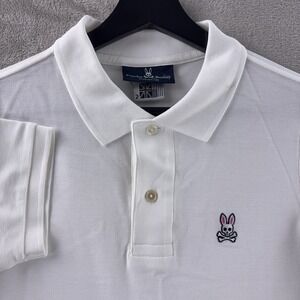 Psycho Bunny Polo Shirt‎ Mens Size 2 White Pique Short Sleeve Skull Bunny Logo